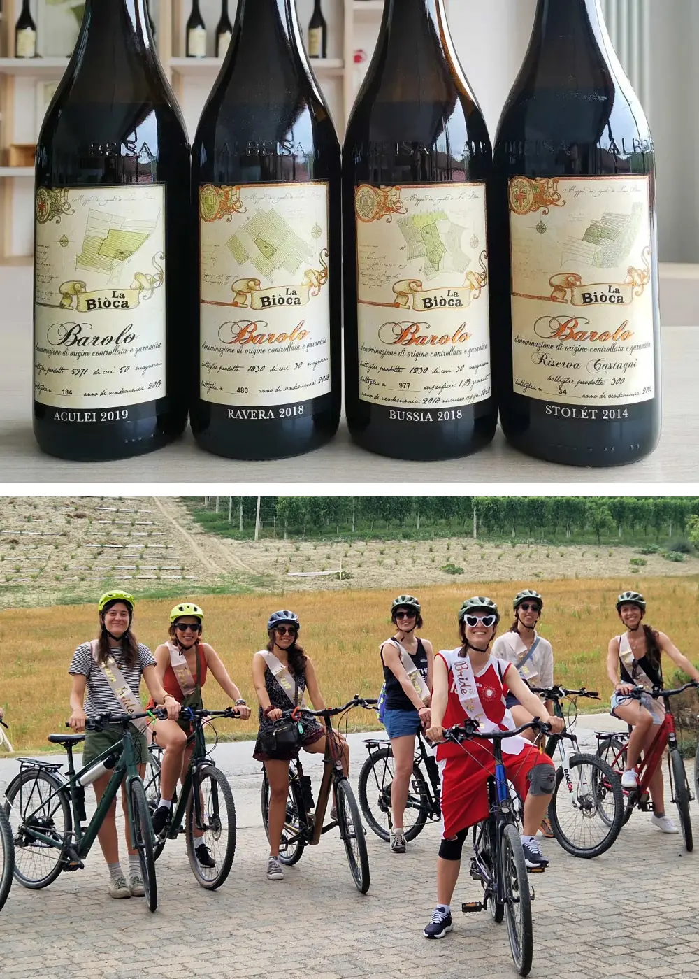ragazze in e-bike tra le vigne nelle Langhe – addio al nubilato